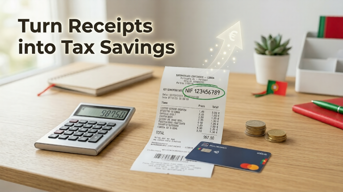 Receipt with highlighted Portuguese NIF showing tax savings concept with calculator and euro symbol