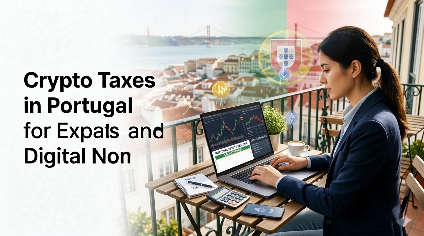 Crypto taxes in Portugal for expats and digital nomads working remotely with cryptocurrency charts and tax tools